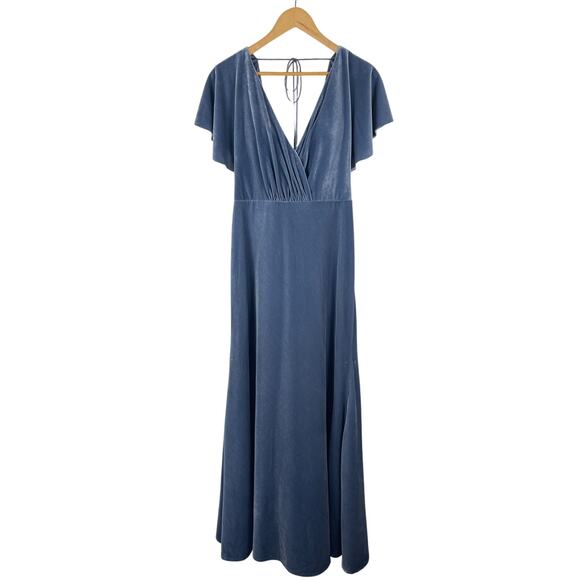 Anthro Jenny Yoo Ellis Light Blue Flutter Sleeve Open Back Velvet Dress Gown 10 - Picture 1 of 14